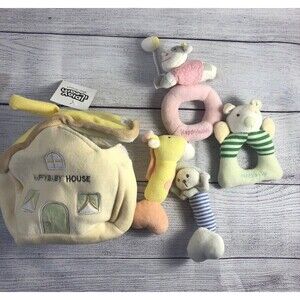 iPlay, iLearn 4 Plush Baby Soft Rattle Toys, Hand Grab Sensory Shaker, House